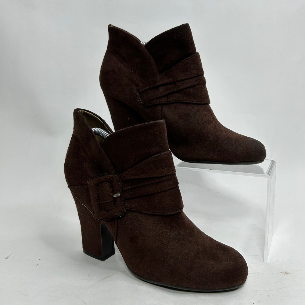 American Eagle Brown Faux Suede Buckle Wrap Ankle Boots Block Heel Womens 8